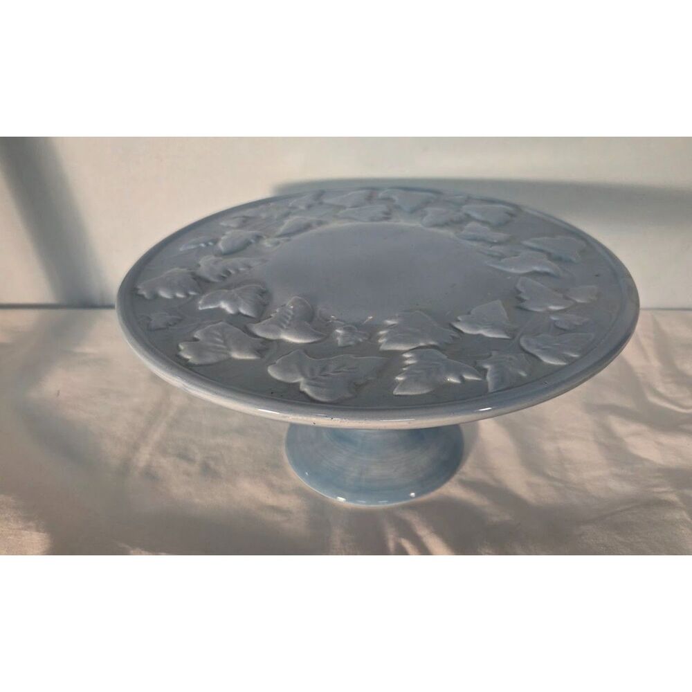 Vintage Blue Ceramic Cake Stand Pedestal Plate Embossed Leaf Design